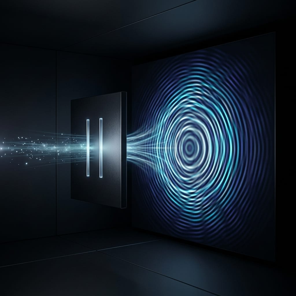 Abstract visualization of the double slit experiment showing wave interference